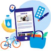 Animations of diabetes tech, fruit, bike and membership email on tablet