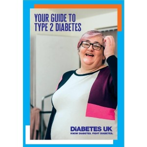 The front cover of 'Your guide to type 2 diabetes', featuring a middle-aged lady smiling towards camera and the words 'Your guide to type 2 diabetes'
