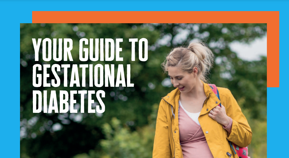 The front cover of 'Your guide to gestational diabetes diabetes', featuring a pregnant woman holding her son's hand while walking, with the words' Your guide to gestational diabetes'